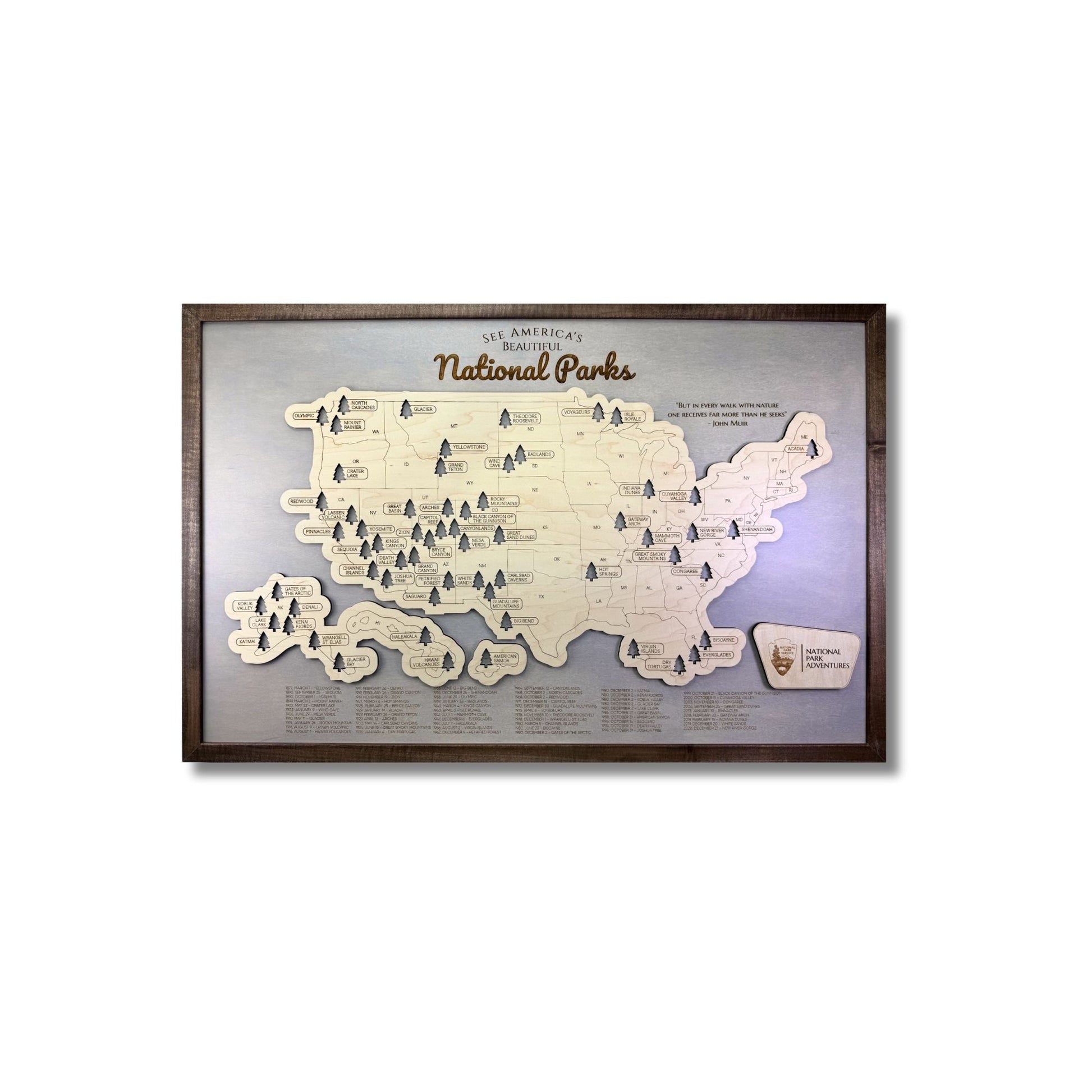 Wooden National Parks Travel Map on a white background. 