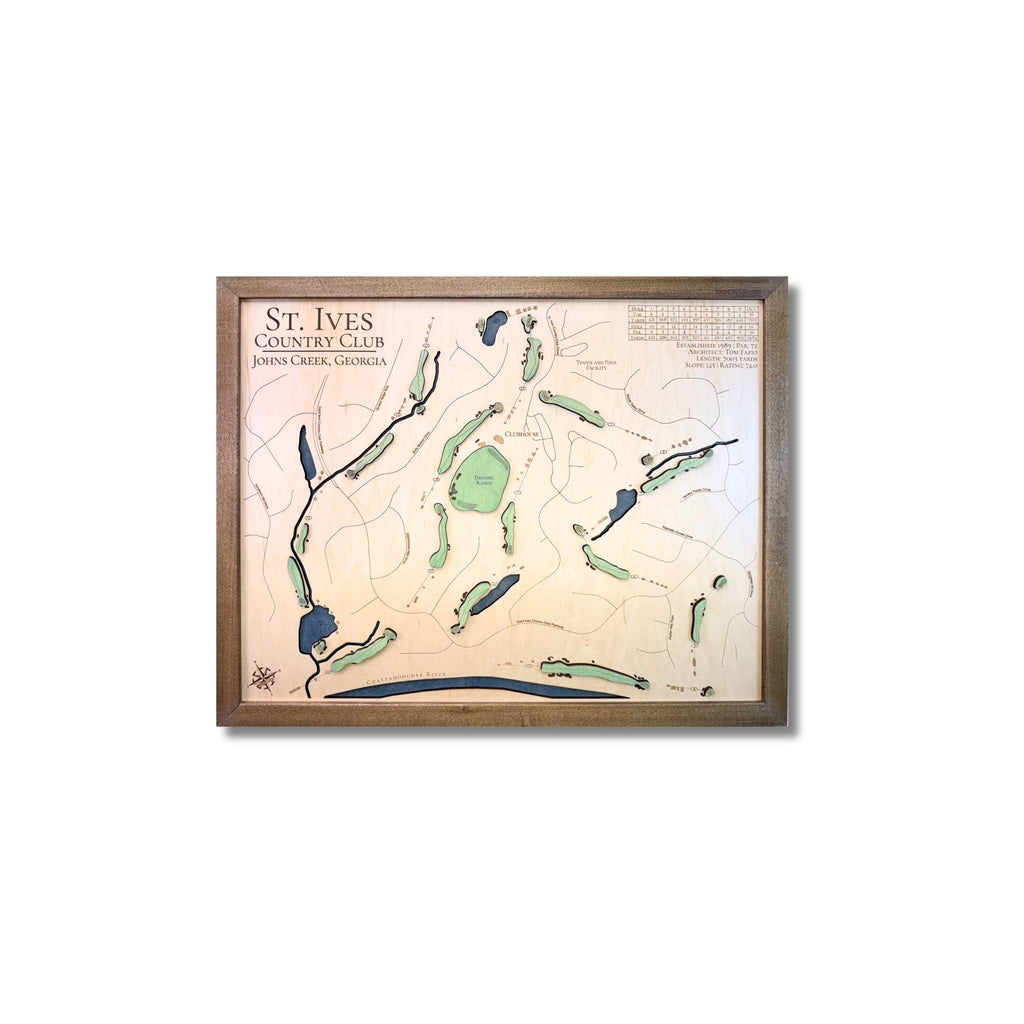 Framed wooden golf map of St. Ives Country Club on a white background.