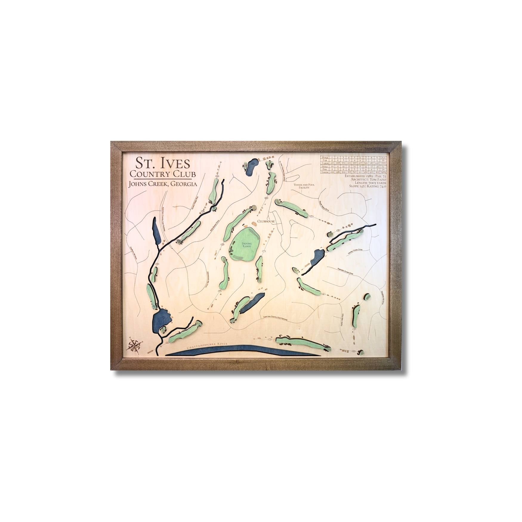 Framed wooden golf map of St. Ives Country Club on a white background.
