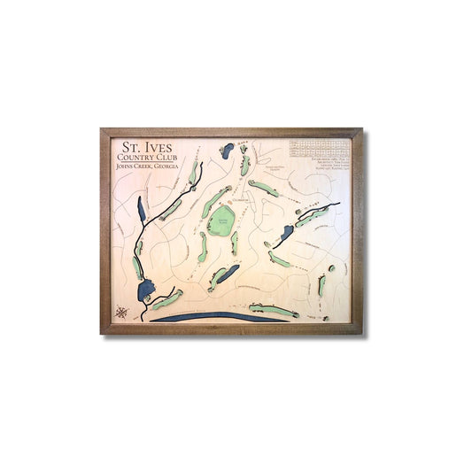 Framed wooden golf map of St. Ives Country Club on a white background.