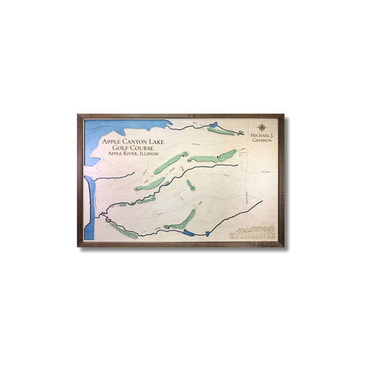 Framed wooden map of Apple Canyon Lake Golf Course in Illinois on a white background.