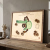 Custom hole-in-one golf map on display in a home. 