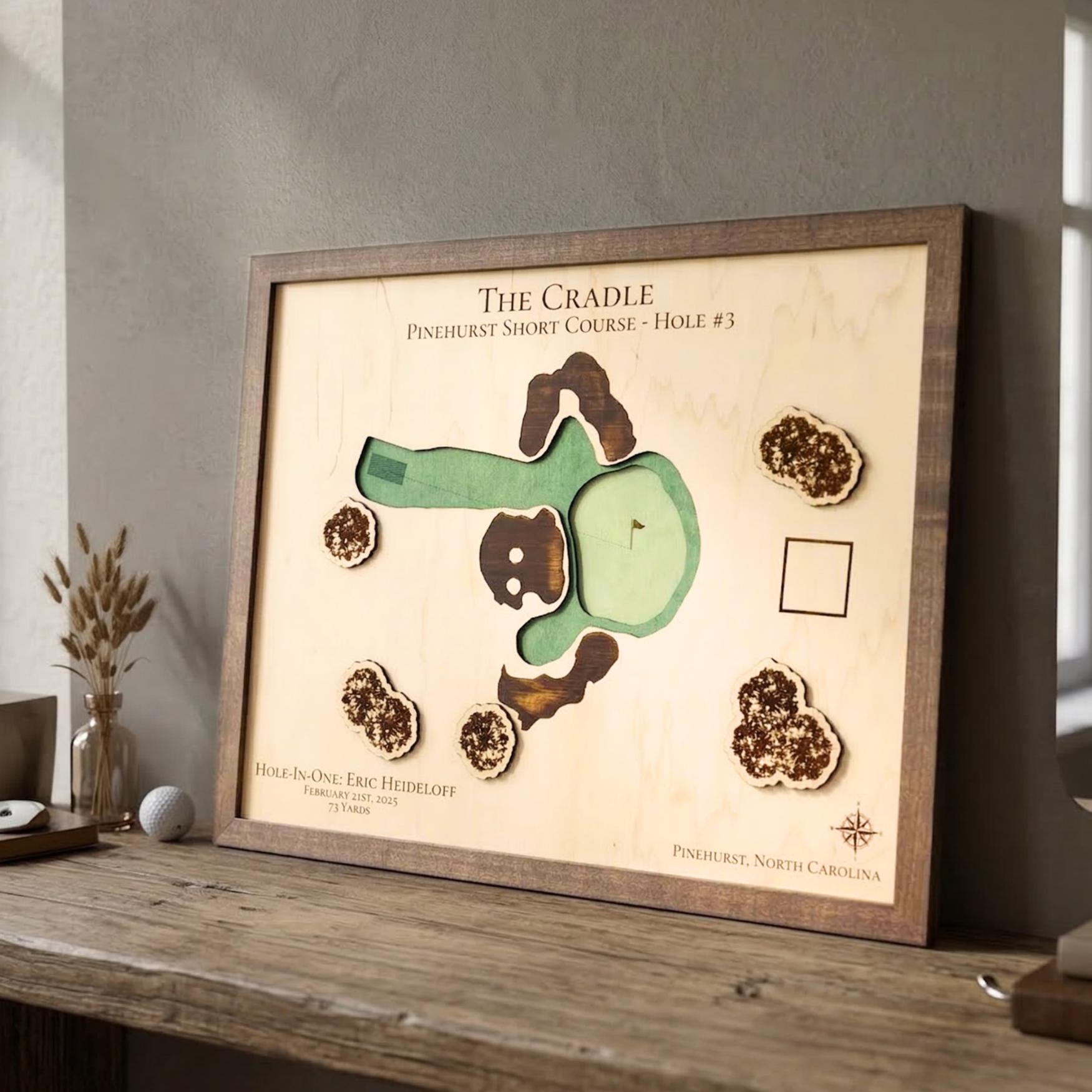 Custom hole-in-one golf map on display in a home. 