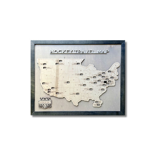 Wooden professional hockey arena travel map with nameplate and black frame on a white background. 