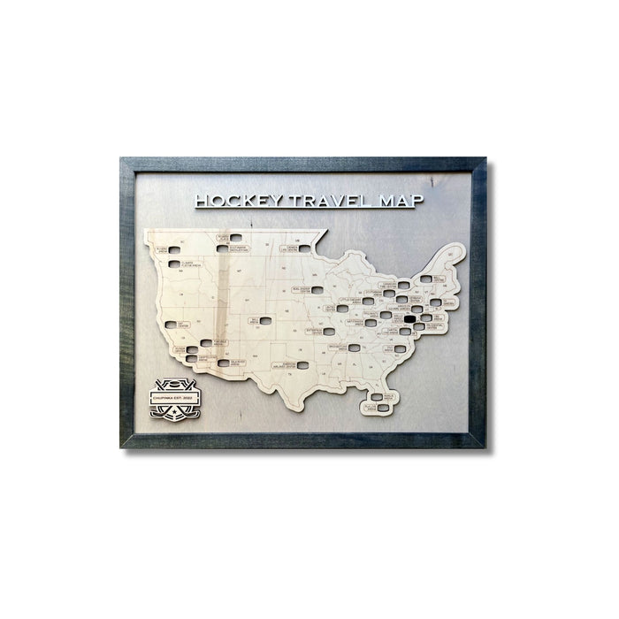 Wooden professional hockey arena travel map with nameplate and black frame on a white background. 