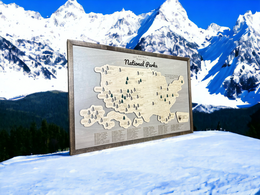 Wood National Parks Travel Map with snowy mountain backdrop. 