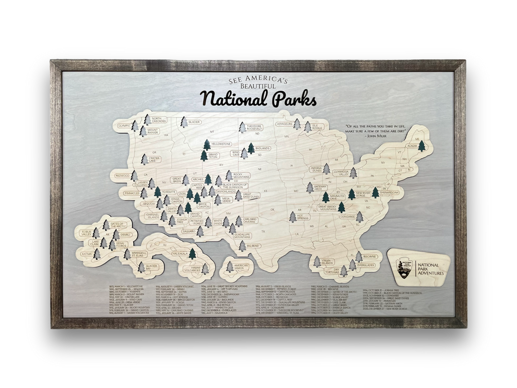 Wood National Parks Travel Map with 63 detachable tree icons. 