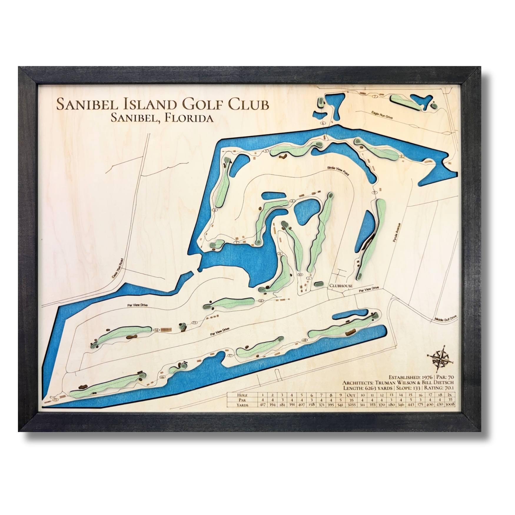 Wooden map of Sanibel Island Golf Club in Sanibel, Florida with a black frame. 
