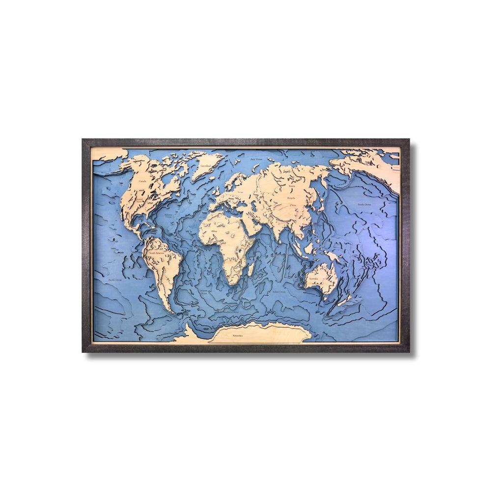 World map with topographic details in a black frame on a white background