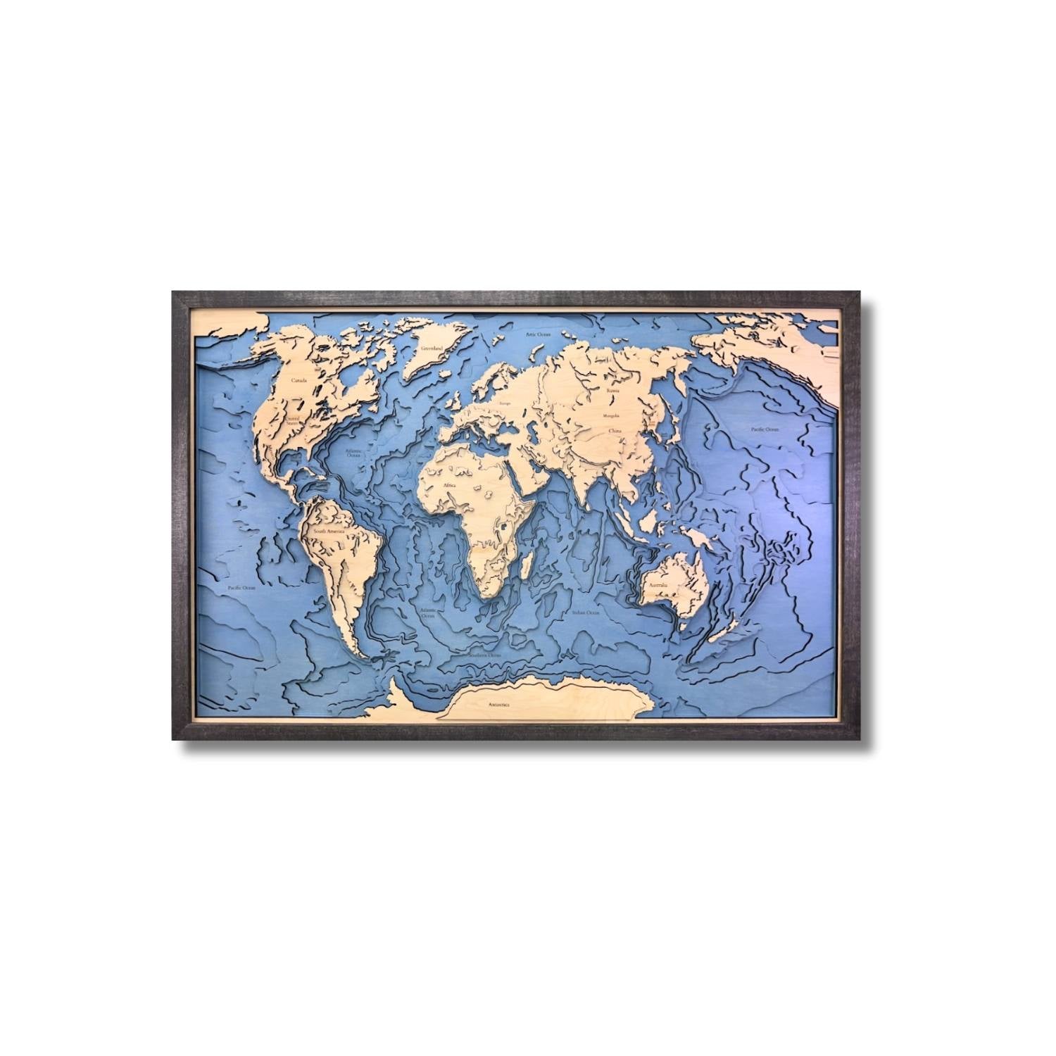 World map with topographic details in a black frame on a white background
