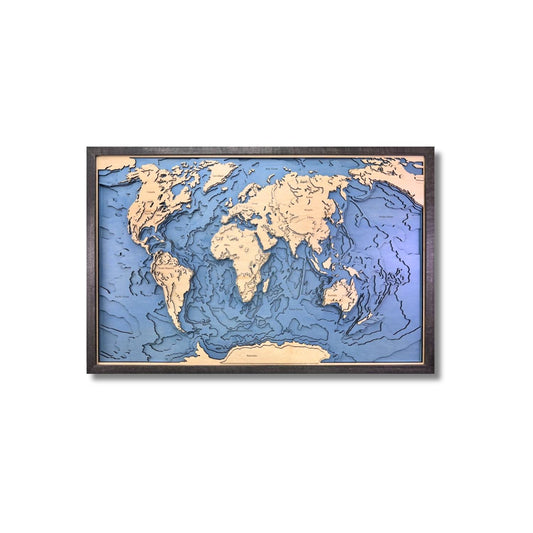 World map with topographic details in a black frame on a white background