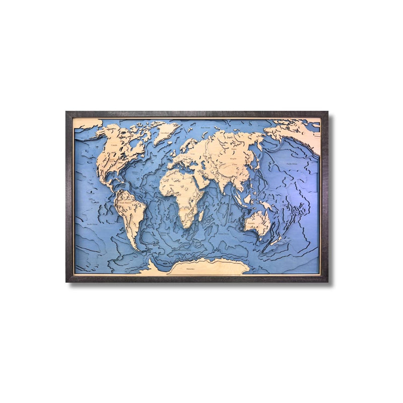 World map with topographic details in a black frame on a white background