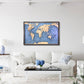 Wooden world topographic map framed on a wall above a white sofa in a living room.