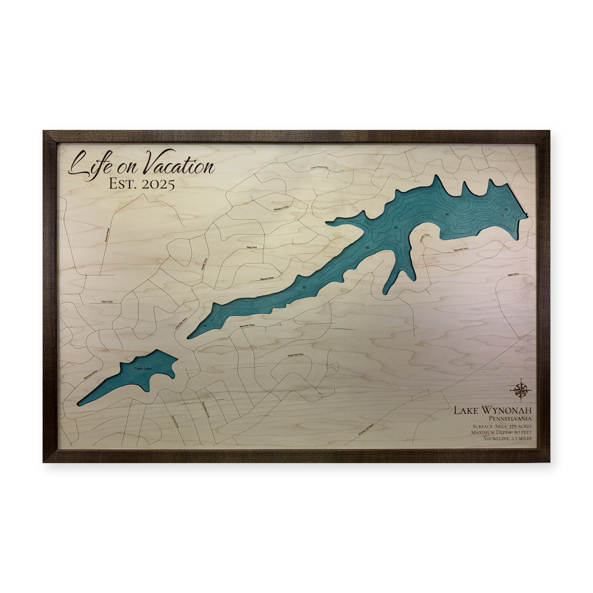 Wynonah Brnich wood map — single layer with engraved contours, white background