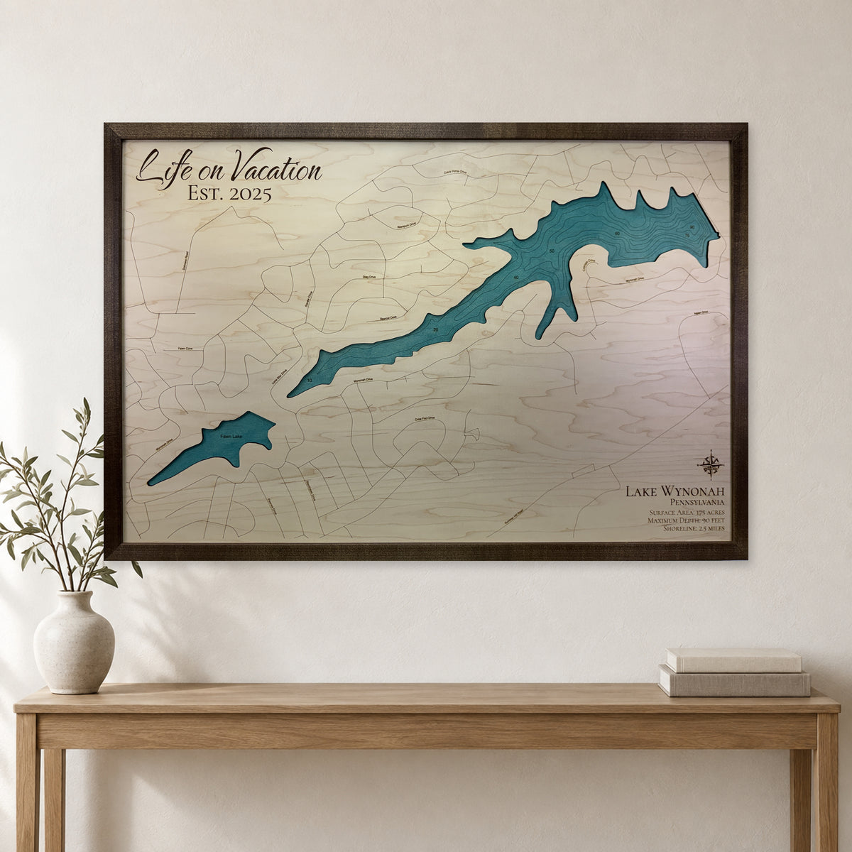 Wynonah Brnich wood map — single layer with engraved contours, staged room mockup