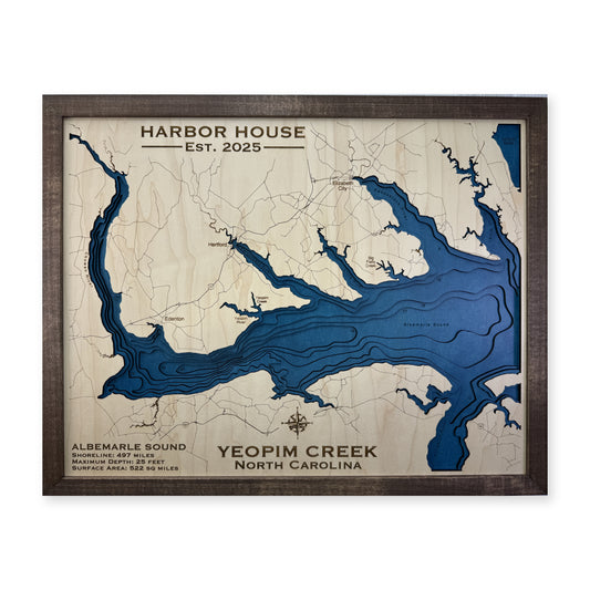Yeopim Harbor House wood map — multilayer, white background