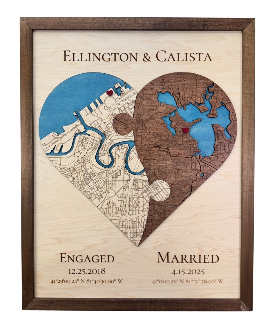 Two-toned (yin yang) heart-shaped map with red heart icons showing the locations of where the couple got engaged and married. 