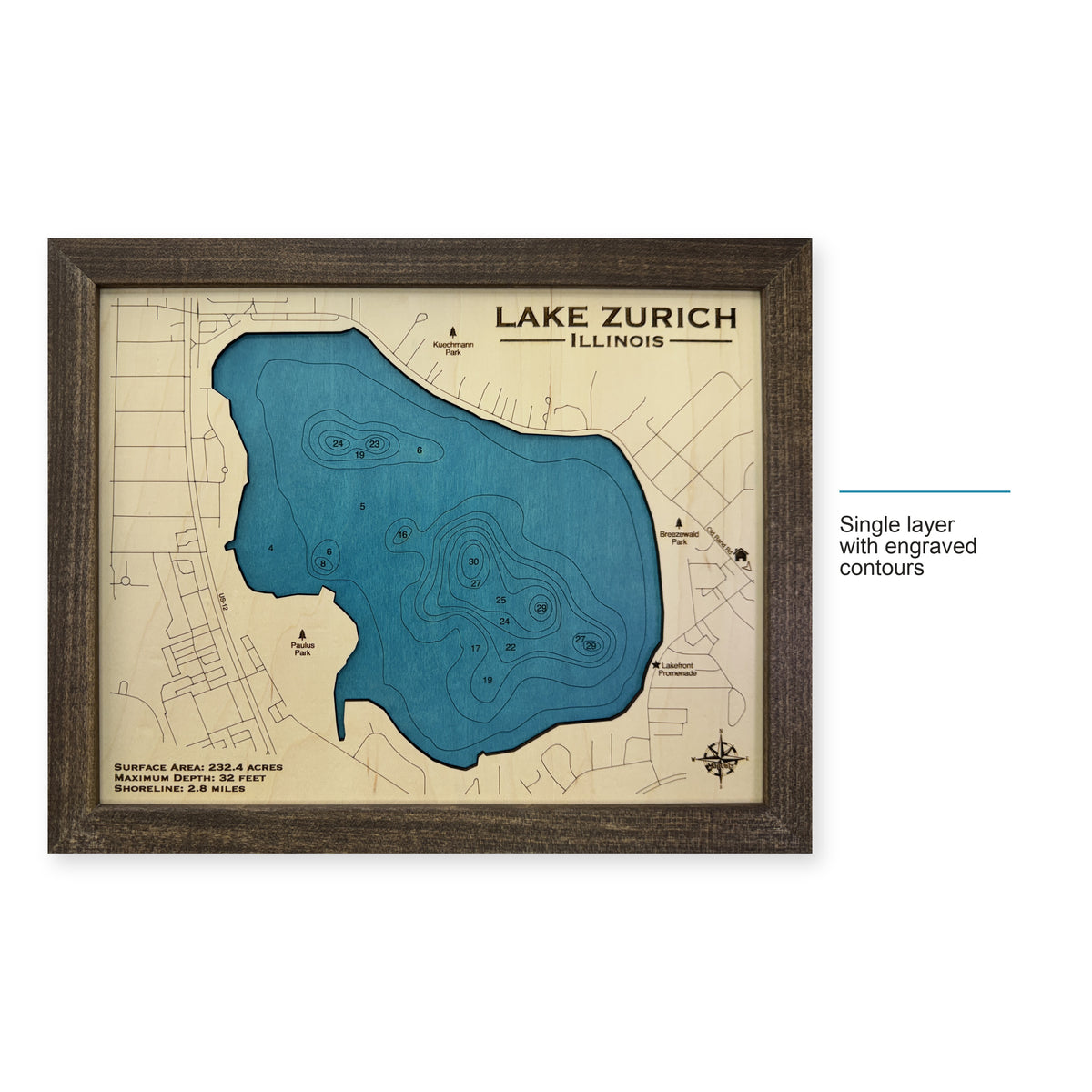 Zurich Kilduff wood map — single layer with engraved contours, layer option shown