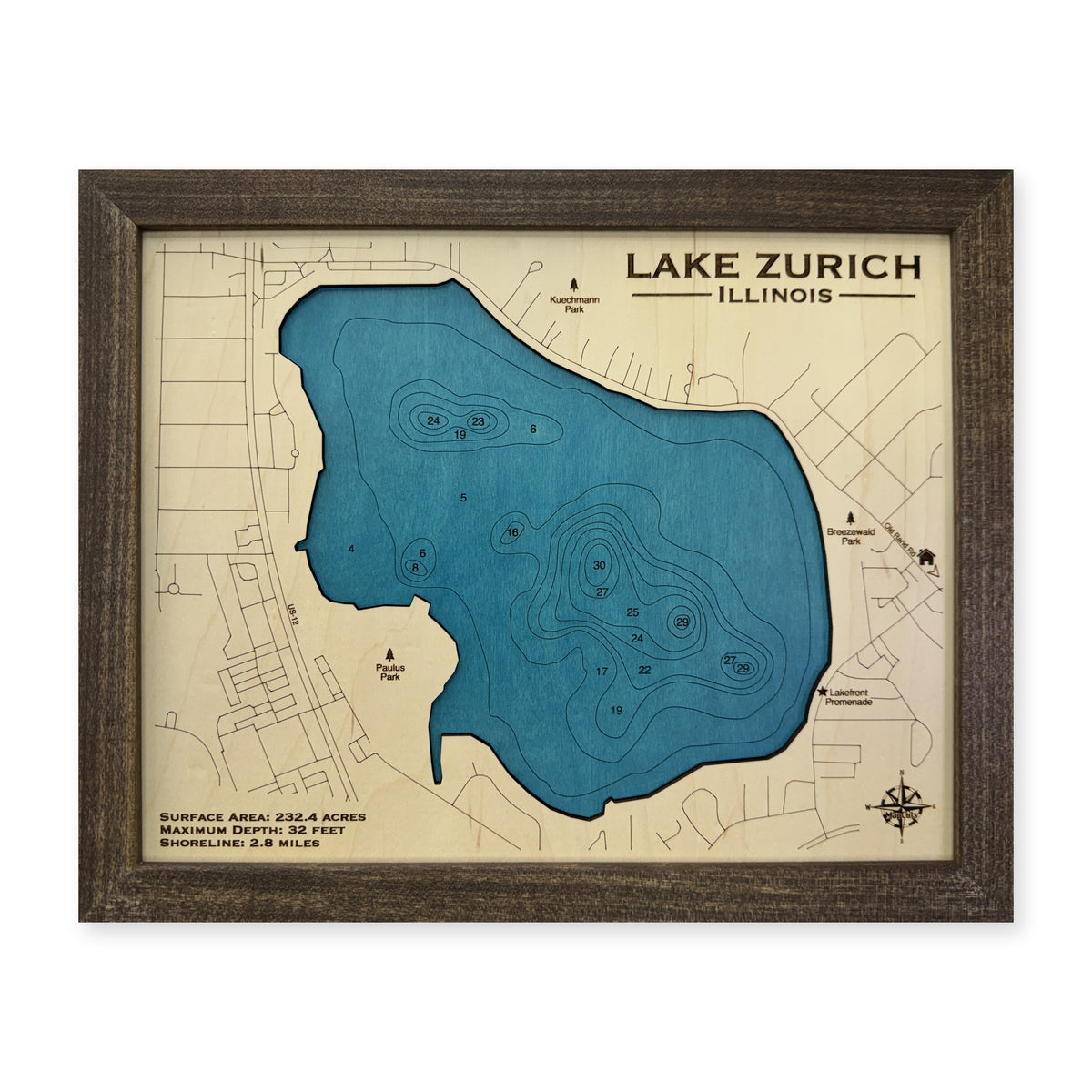 Zurich Kilduff wood map — single layer with engraved contours, white background