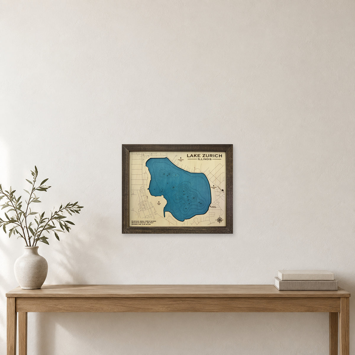 Zurich Kilduff wood map — single layer with engraved contours, staged room mockup