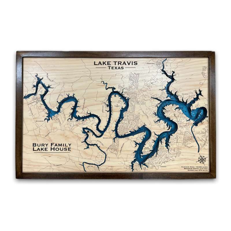 custom wooden map of Lake Travis in Texas