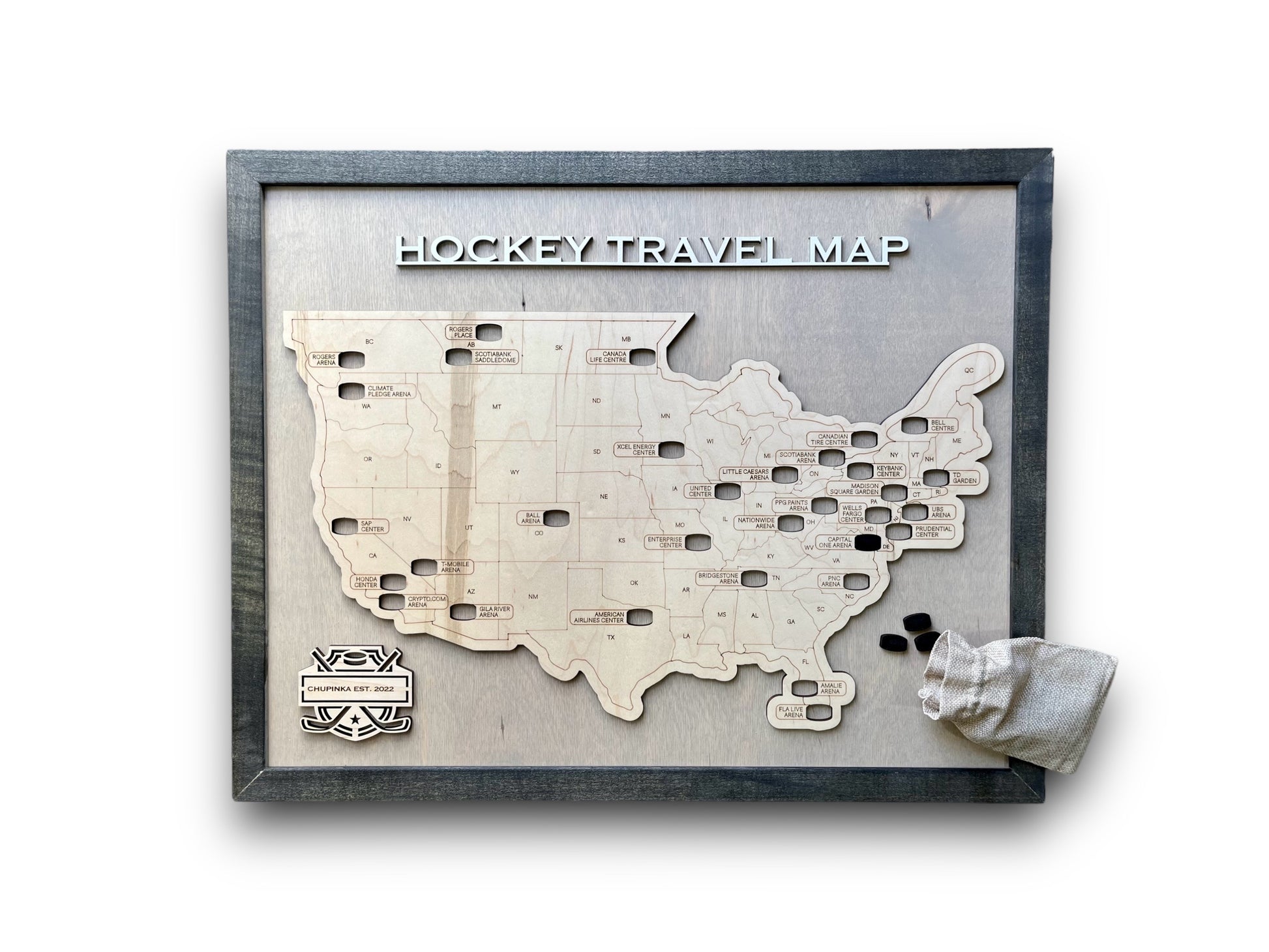 Wooden hockey arena travel map with hockey puck icons. 