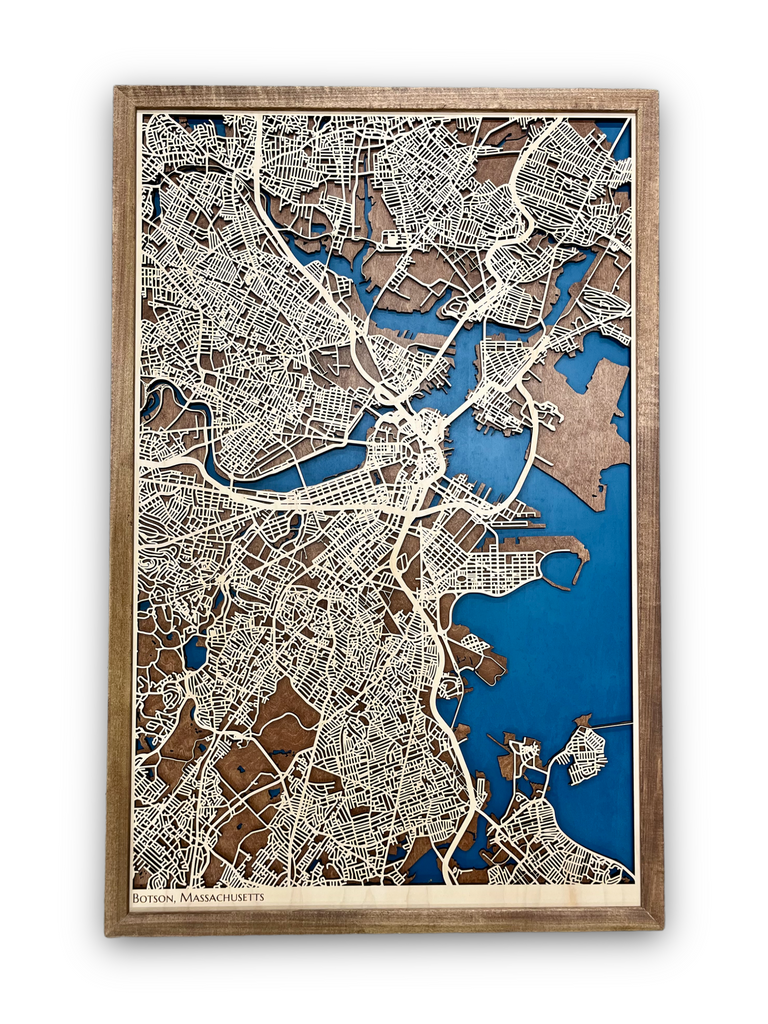 Wooden city map of Boston, Massachusetts, including 3D roads. 