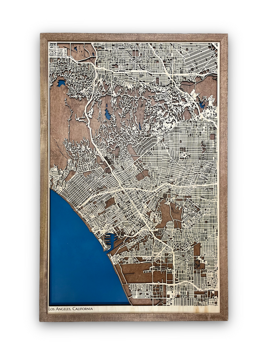 Wooden city map with raised streets and water. It is a section of Los Angeles. 