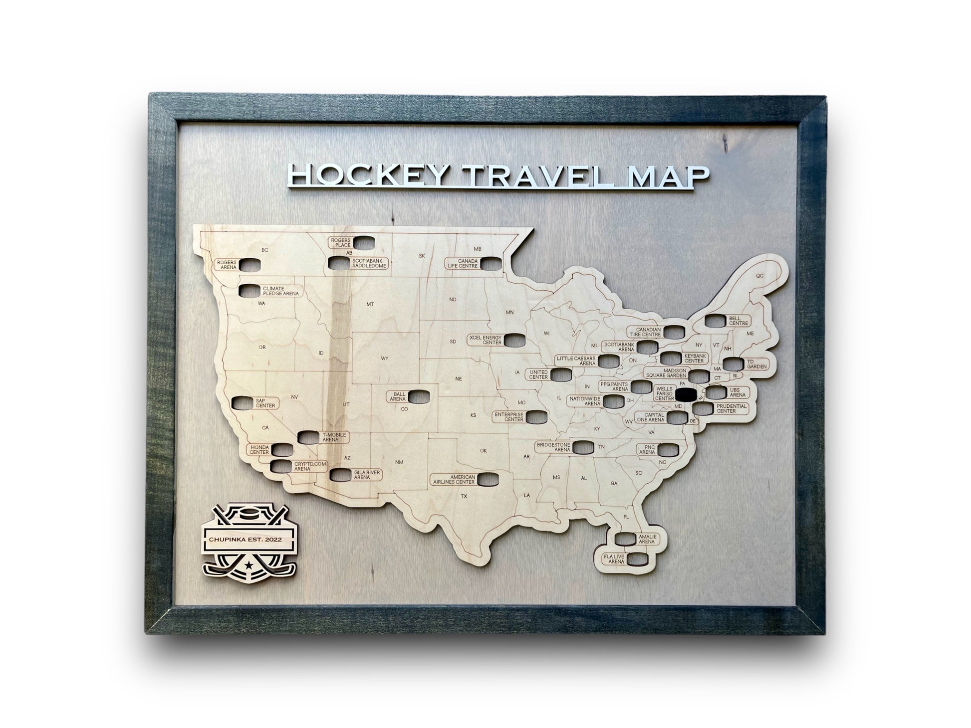 Wood hockey area travel map with grey stained background and black puck icons. There's a nameplate that can be personalized. 